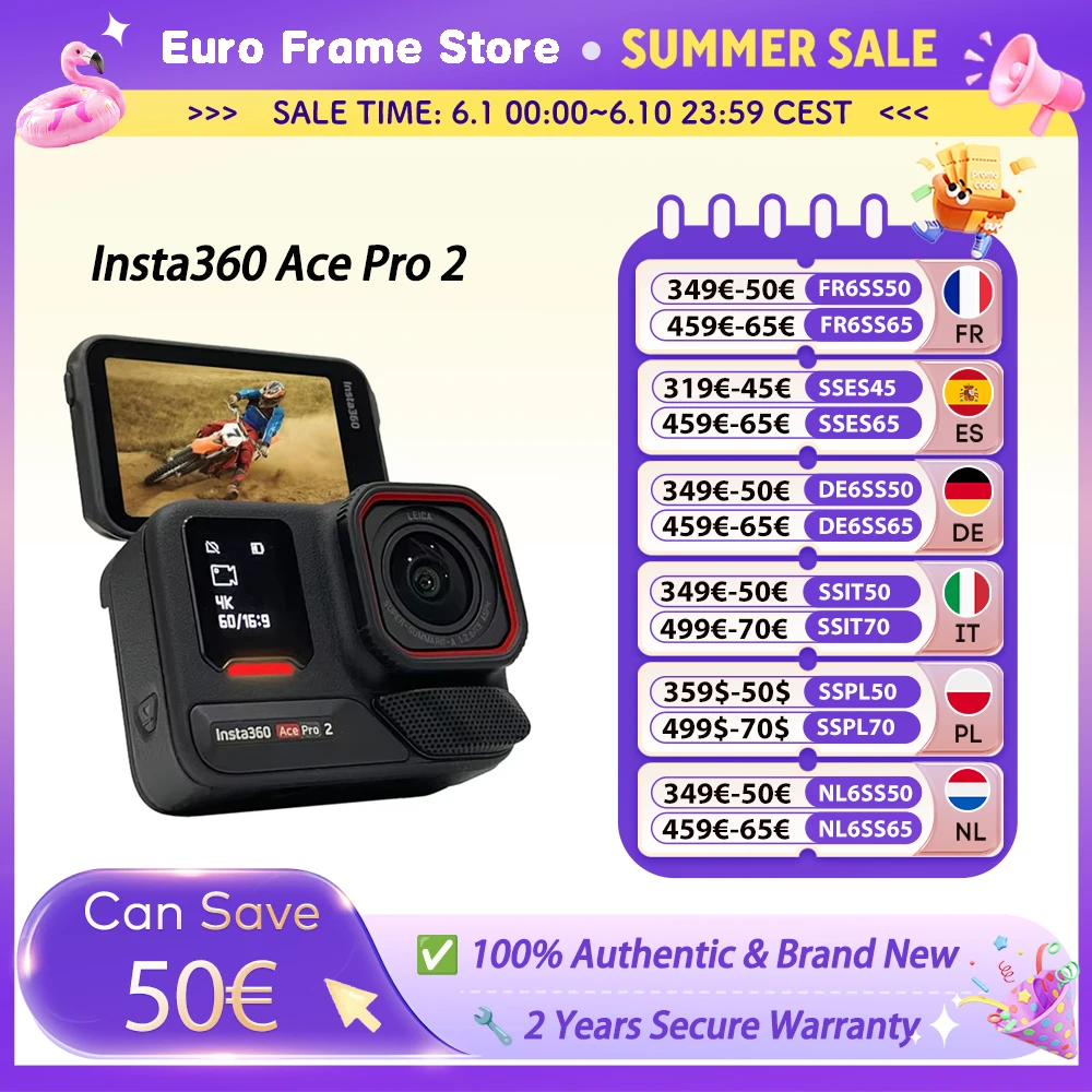 【Stock UE】 Insta360 Ace Pro 2 Caméra d'action étanche 8K Double puce IA, capteur 1/1.3 pouces AcePro 2 Nouveau