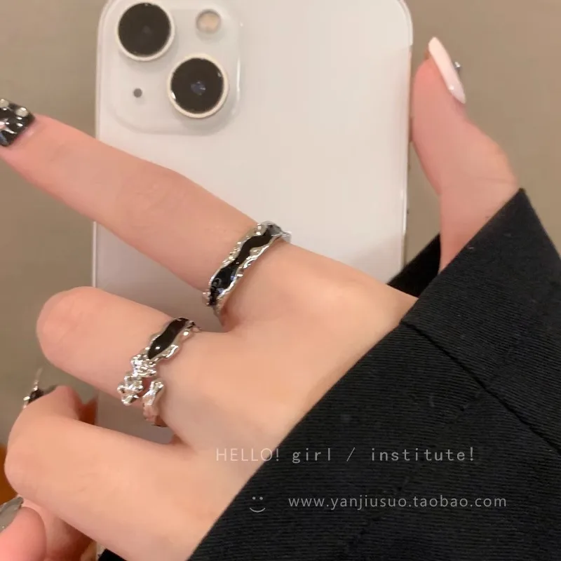 Ring Black Enamel Sweet Edgy Adjustable Open Index Finger Stackable Premium Lightweight Alloy Jewelry for Women Daily