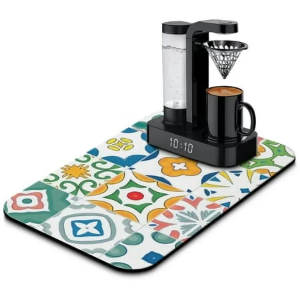 Espresso Machine Mat Irregular Mosaic Tiles Patchwork Printed Absorbent Pad Sunburst Flower Cross for Countertop Desk