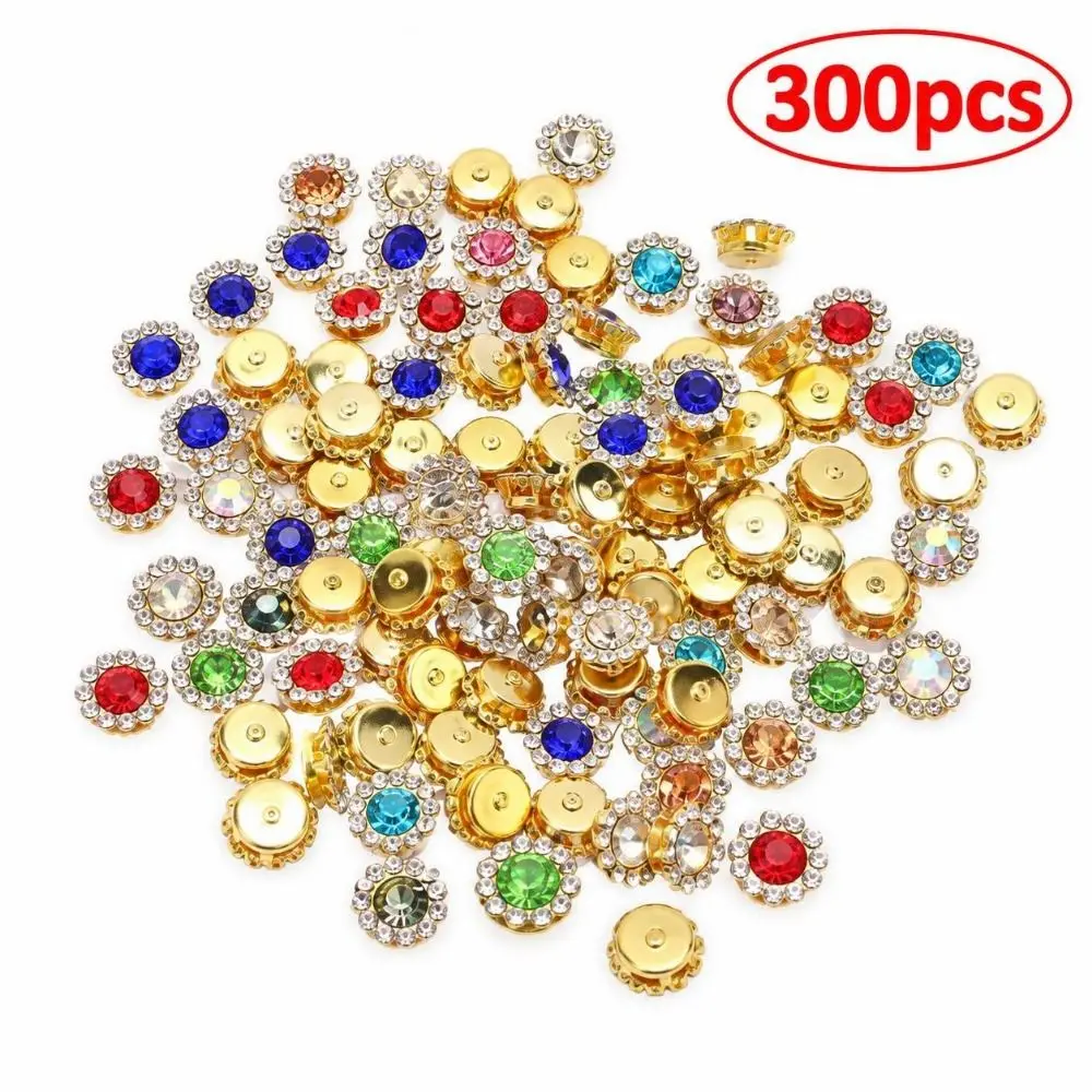 300pcs Assorted Color Rhinestone Buttons Bright Finish Gold Tone Base Rhinestone Claw Cup Glass Rhinestone Multi Size