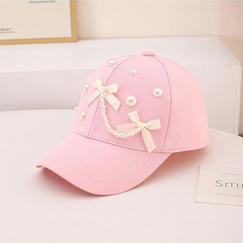 Pearl Pendant Bow Baseball Cap for Girl Duck Tongue Hat Long-Brim Kids Sun Hats Pink Purple Color Children Peaked Caps 2-9Year view 6
