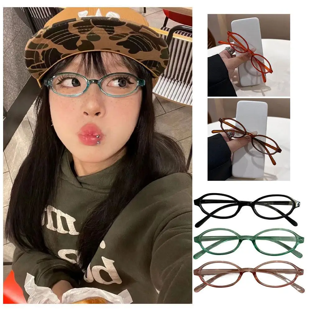 Retro Round Frame Small Oval Frame Glasses Retro Y2k Optical Spectacle Style Glasses Oval Glasses Korean PC Flat Women Myop P0U4