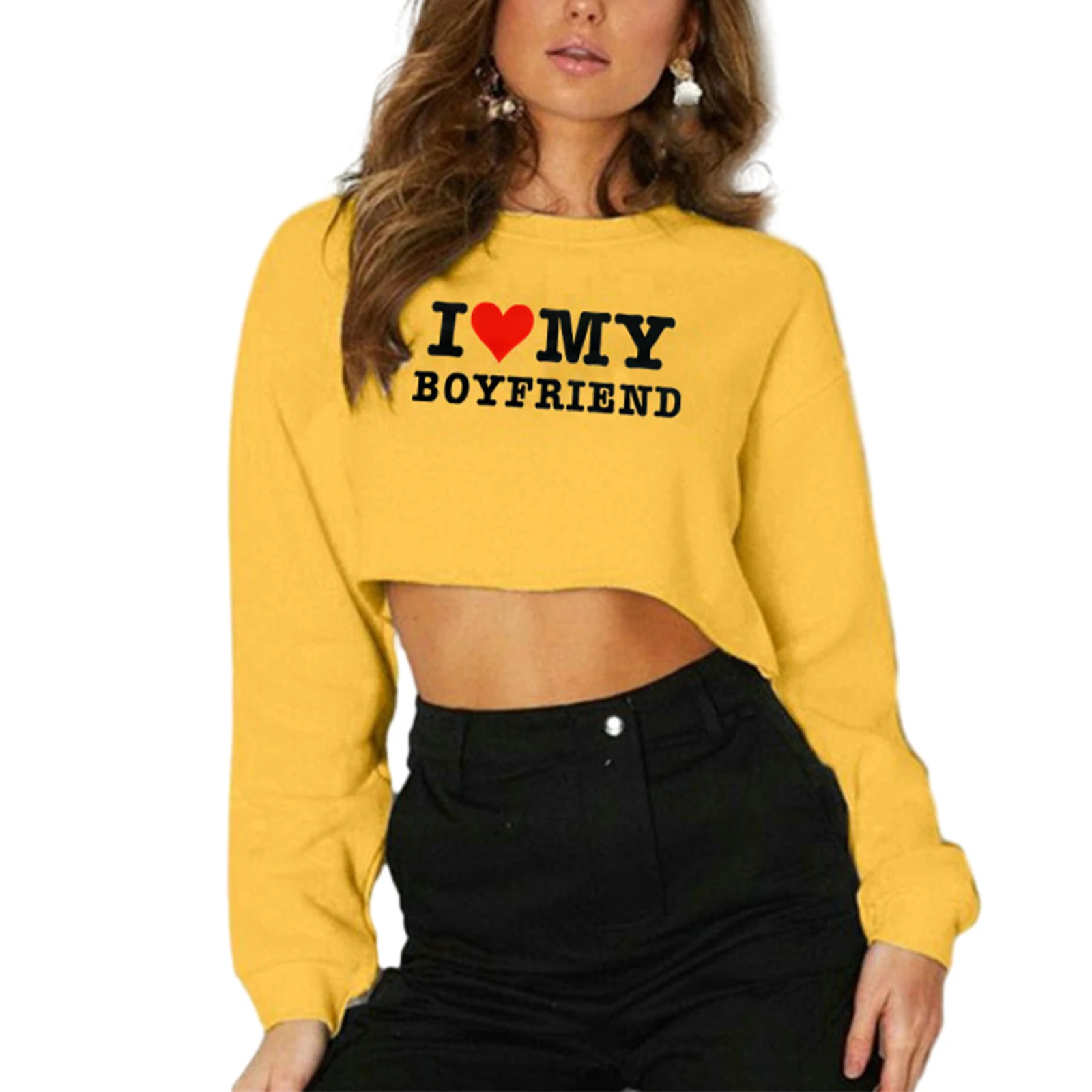 Women's Cropped Sweatshirts Letter Heart Print Crew Neck Long Sleeve Casual Loose Crop Pullovers Fall Winter Tops