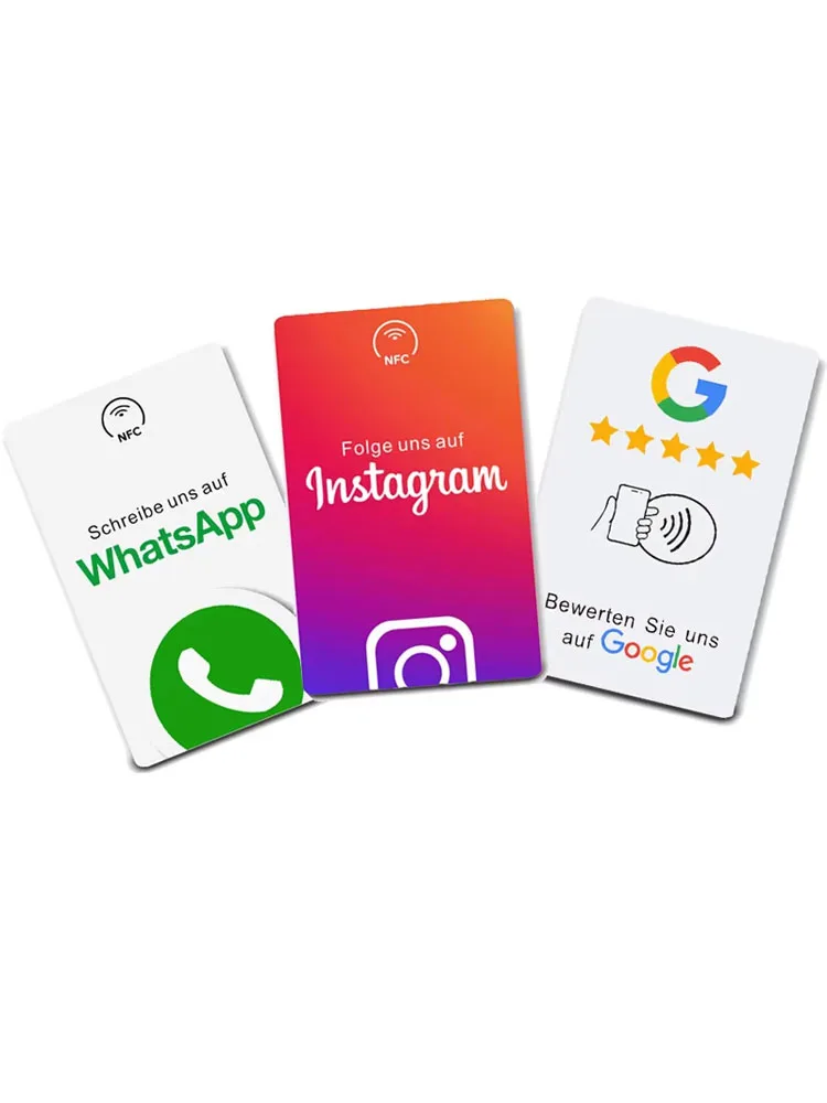 Deutsches Schreiben von NFC-gedruckten Karten, Plattenaufklebern, Ständer für Google Bewertungen, Instagram, WhatsApp, Hahn NFC