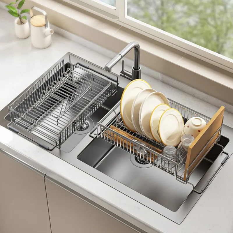 

304 Stainless Steel Dish Rack Over Sink Drying Rack for Plates Cups Telescoping Kitchen Drainer Space Saving Dish Organizer