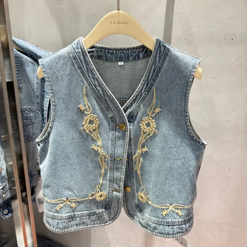 

2026 Spring New Vintage Embroidered V Neck Denim Vest For Women Sleeveless Slim Fit Cropped Waistcoat Outerwear