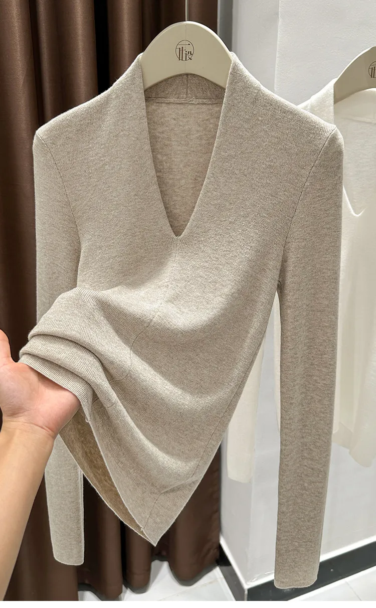 AOSSVIAO Herbst Winter Schwarzer Damen-Pullover mit V-Ausschnitt, langärmelig, schmale Passform, weicher Strickpullover, weiche, vielseitige Basic-Layering-Tops – Detail 6