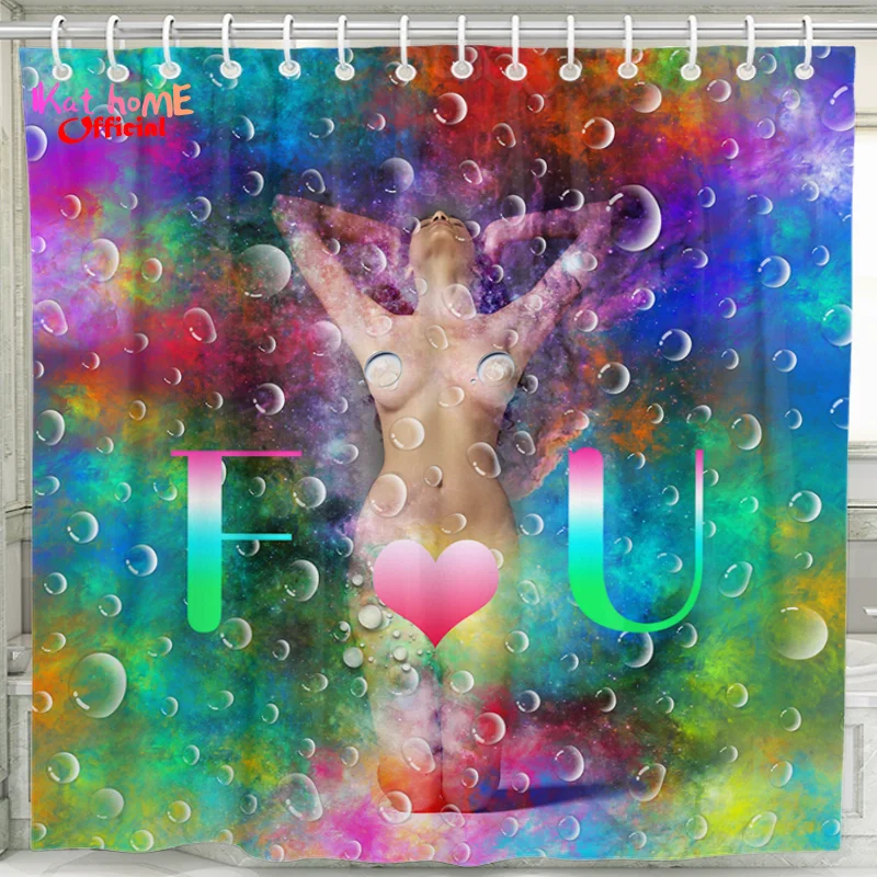 

F&U Funny Shower Curtain Sexy Nude Girl Watercolor Galaxy Water Drops Bathroom Curtain Waterproof Bath Screen Art Home Decor 70"