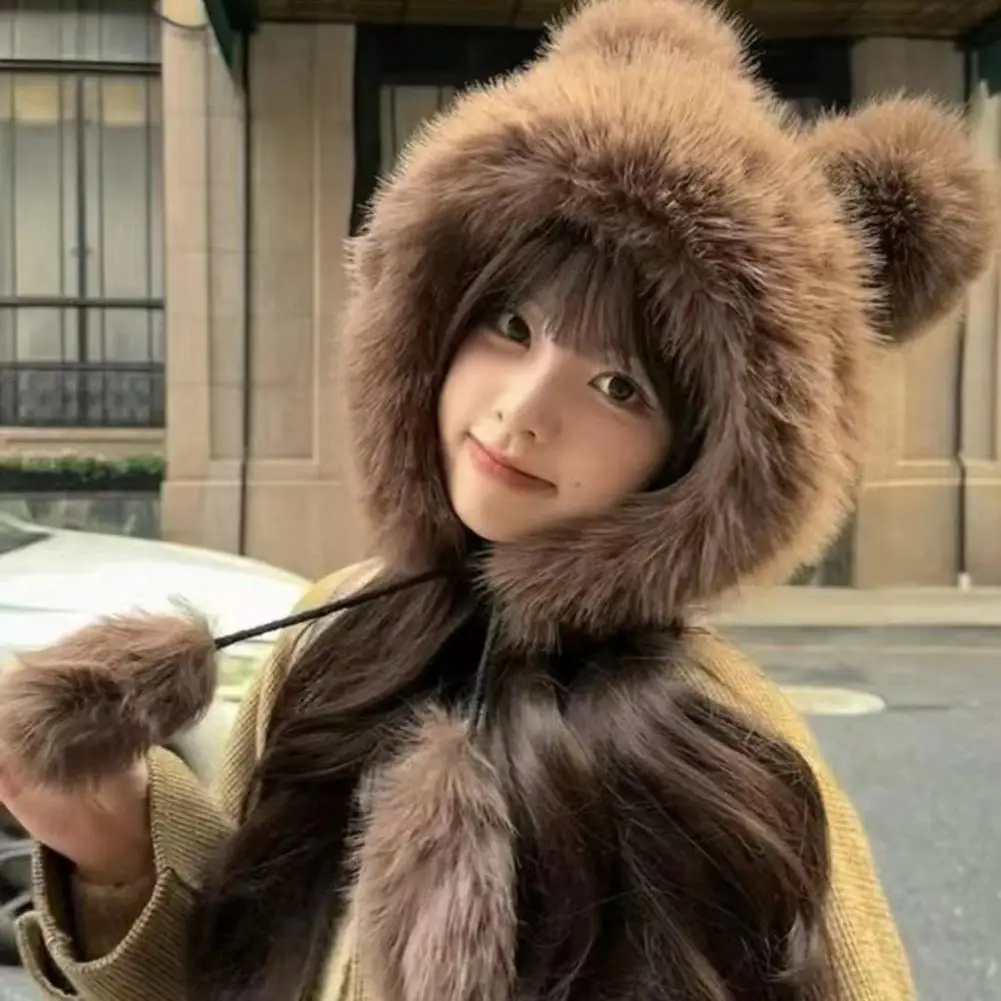 

Fashion Winter Hat with Integrated Scarf Bear Ear Decor Thick Faux Mink Hair Full Knitted Elastic Pure Color Headwear