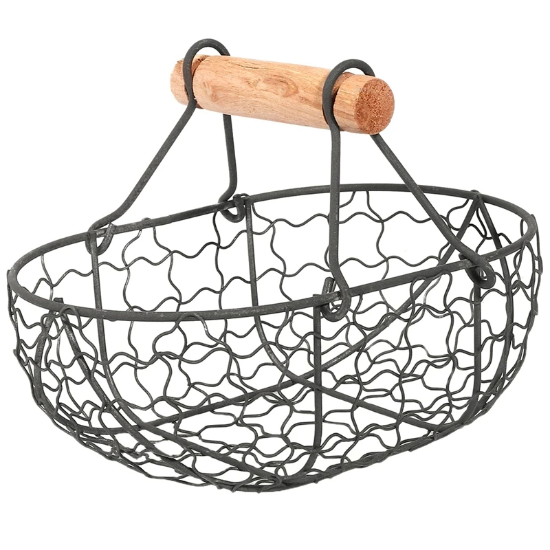 Cesta de armazenamento multifuncional portátil com cabo de madeira, metal, preto, vegetais, frutas, ovos, mercearia, prático, retro, 3X