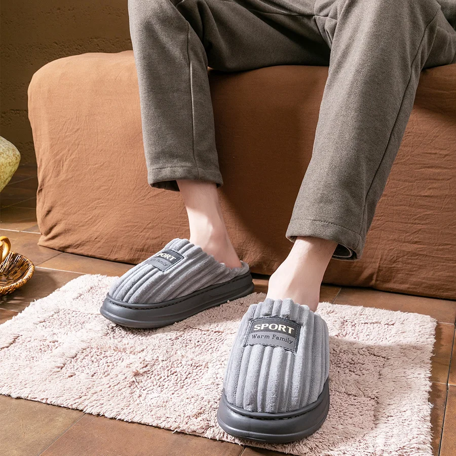 Herren-Hausschuhe aus Wildleder mit dicker Sohle, EVA-Sohle, Memory-Schaum, Baumwolle, warm, weich, gestreift, bequeme Indoor-Schuhe – Detail 9