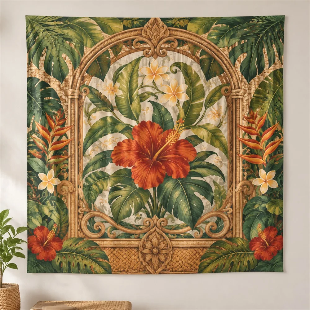 VIKAMA Carved Wood Motif Framed Panel Tapestry Wall Hanging, Southeast Asian Wall Art Tapestries for Nursery Kids Room Bedroom