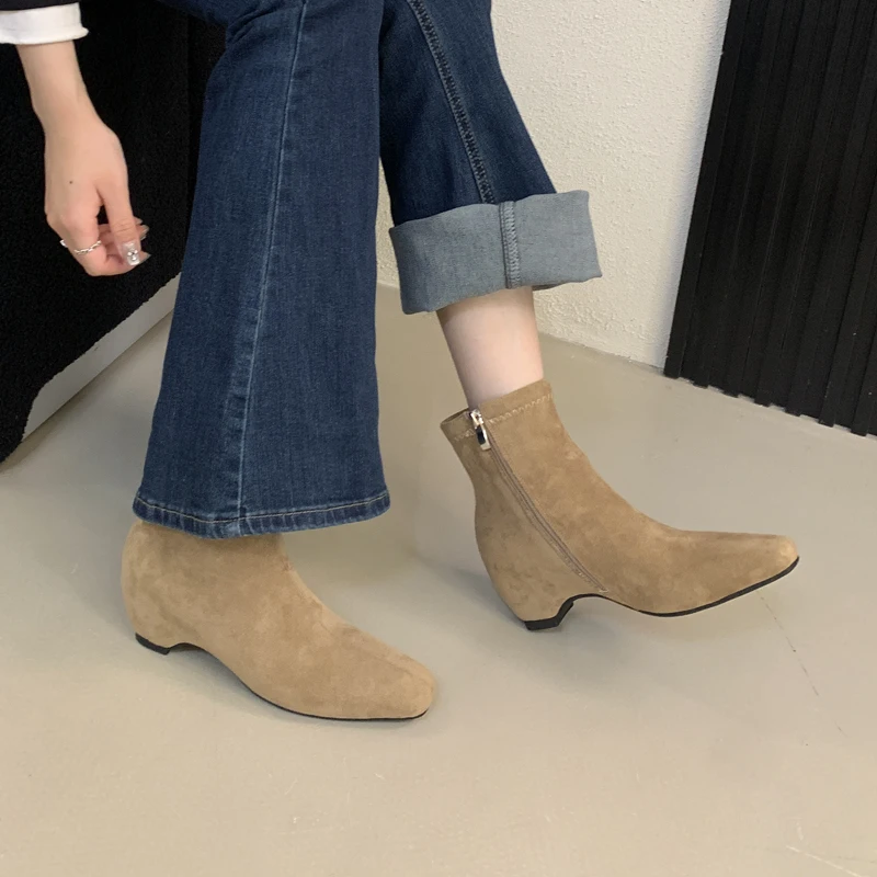 

Shoes Woman square toe Ankle Boot designer faux suede Zip Short modern Boots chunky Heels Pump Black khaki coffee comfortable