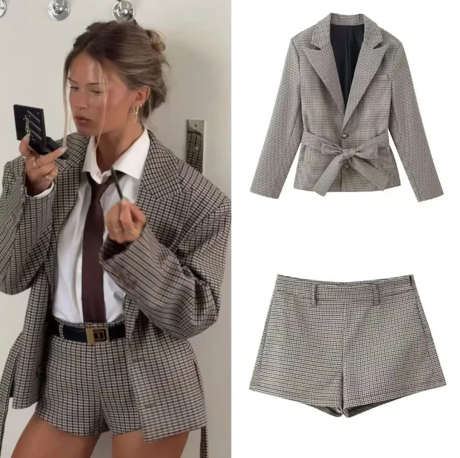 

Tiny Plaid Blazer Shorts 2 Piece Suit Self Tie Belt Waist Slim Short Jacket High Waist Short Pants Matching Outfit Set 260602