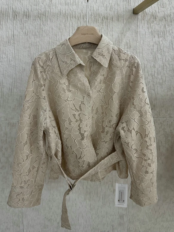 

Elegant Lace Hollow out Shirt Women's Spring Design Stand Collar Belted Slimming Short Coat Commute Style Floral Pattern