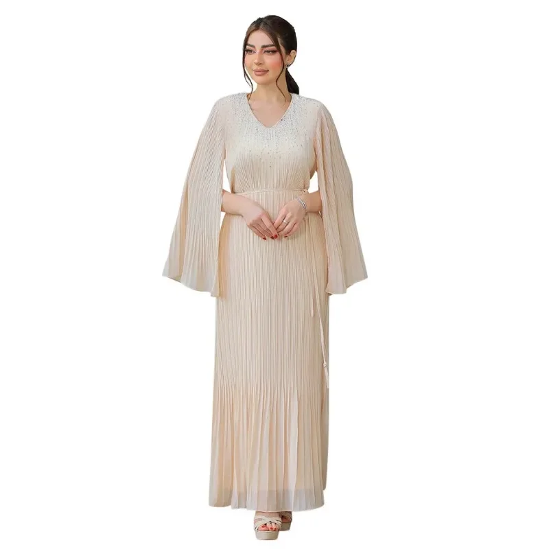 

Eid Mubarak Dubai Flare Sleeve Pleated Maxi Dress for Women Abayas Kaftan Muslim Dresses Ramadan Robe Caftan Party Turkey Gown