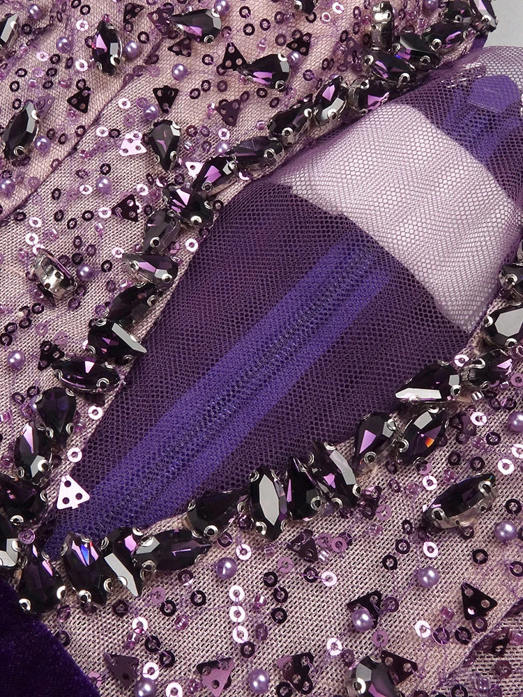 PB Sexy Purple Satin V Neck Strapless Long Dress with Beaded Bodice & High Slit - Ideal for Evening Galas & Proms Vestidos