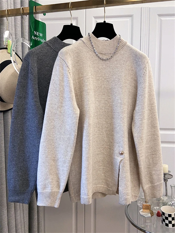 Maglione a collo alto autunno inverno vestibilità ampia taglie forti dimagrante versatile spacco irregolare maglieria da donna di marca grande