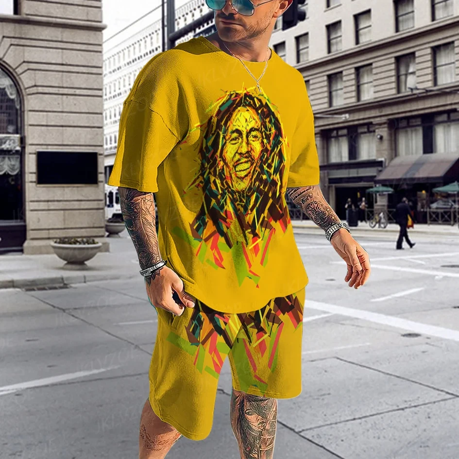 Summer Men Set BoB Marley Reggae 3D Printed Harajuku Outfit Men Suit Sports Jogging Cozy Streetwear T Shirt Tracksuit Set