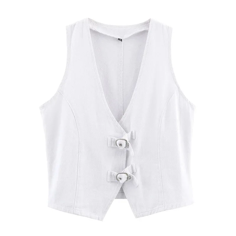 

Women's Summer Solid Color V-Neck Button Denim Casual Vest Top with Mid-Waist Zipper Pocket Decoration Chic Shorts Set