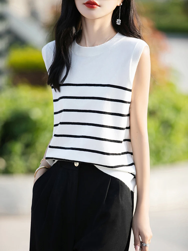 

Полосатый трикотажный женский жилет с тонким рукавом, летний топ для поездок на работу, свободная верхняя одежда, Pure Desire, внутренняя одежда