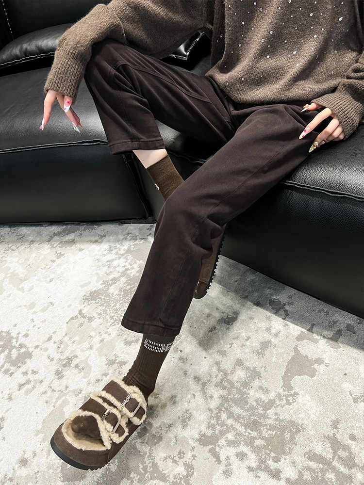 

Джинсы женские с высокой талией, облегающие, модные, прямые, длиной до щиколотки, осенние, новые, с эффектом потертости, на молнии, из денима