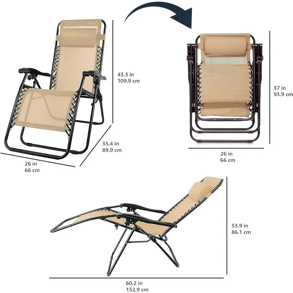 طقم كراسي استرخاء مكون من 3 قطع قابل للتعديل بدون جاذبية قابلة للطي مع طاولة جانبية، كرسي شاطئ 35 × 26 × 43