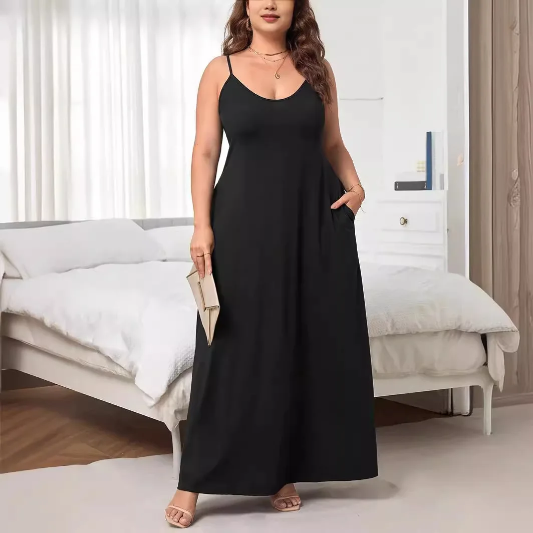 2025 Plus Size Abito senza maniche con scollo a U da donna Estate Nuova gonna a vita alta tinta unita di media lunghezza Estate Elegantes Casual Y2k