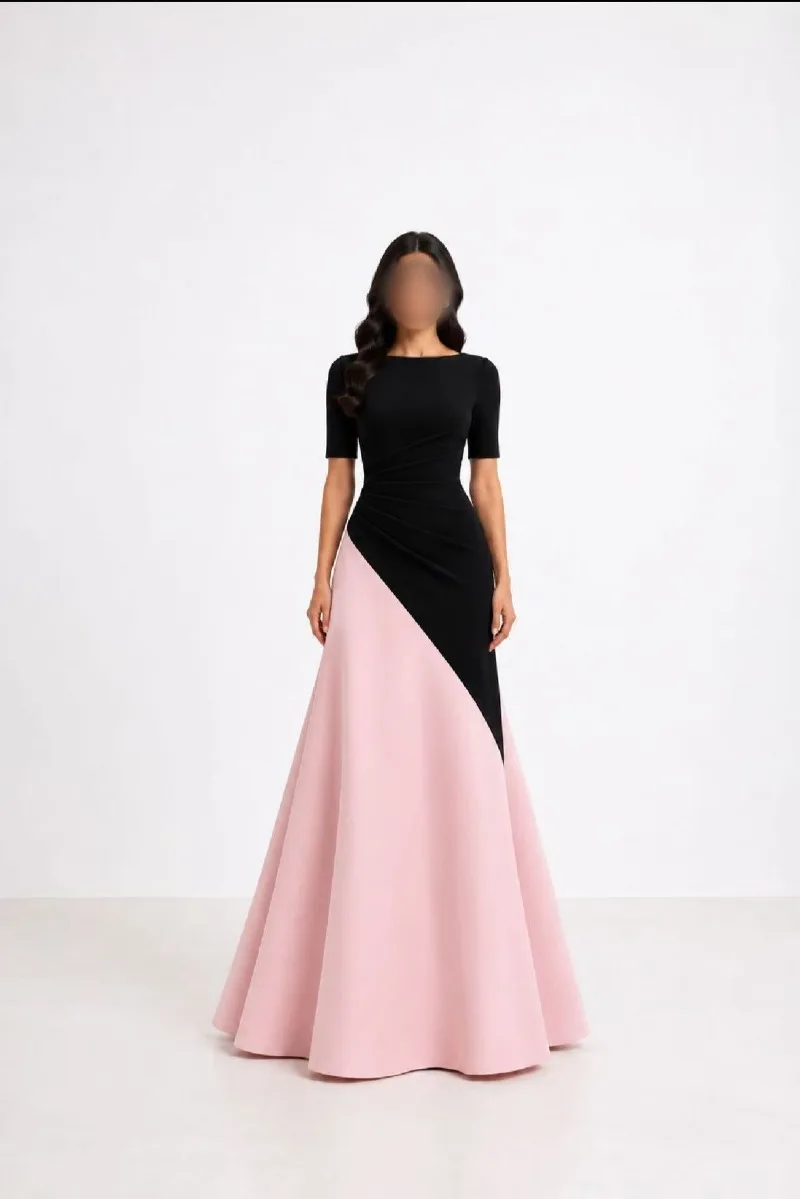 Customized Black Pink Color Block A Line Evening Dress Boat Neck Short Sleeve Ruched Formal Wedding Guest Gown