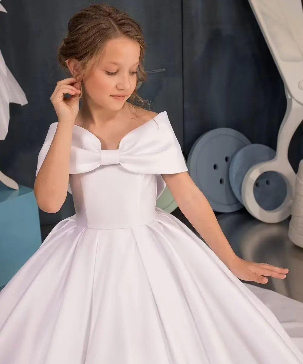 Off Shoulder Flower Girl Satin Dresses for Wedding Princess First Communion Pageant Dresses with Bow-Knot  Flower Girl Dresses