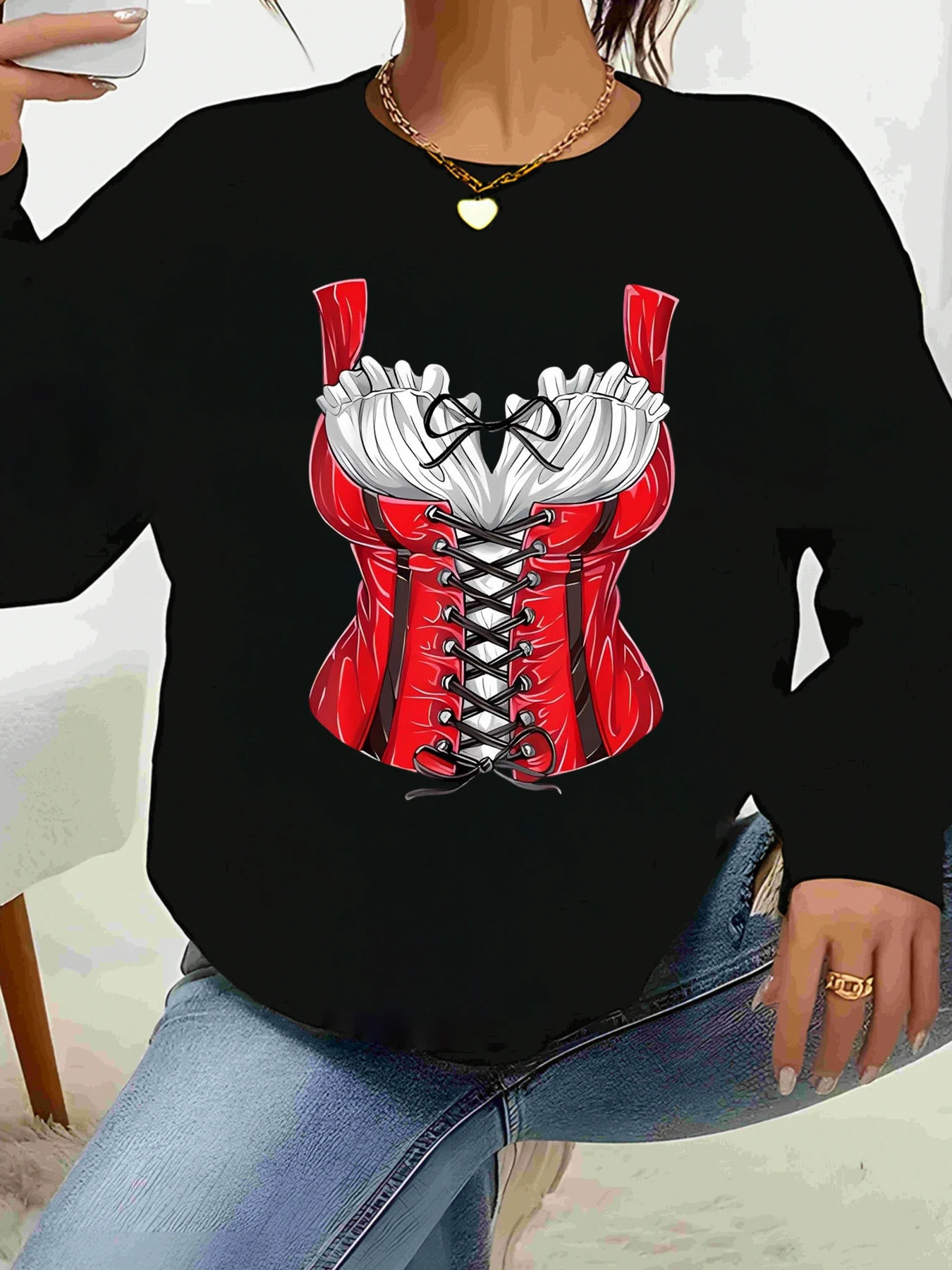 

Красный корсет с принтом, топ с длинными рукавами, костюм на Хэллоуин, женская повседневная одежда