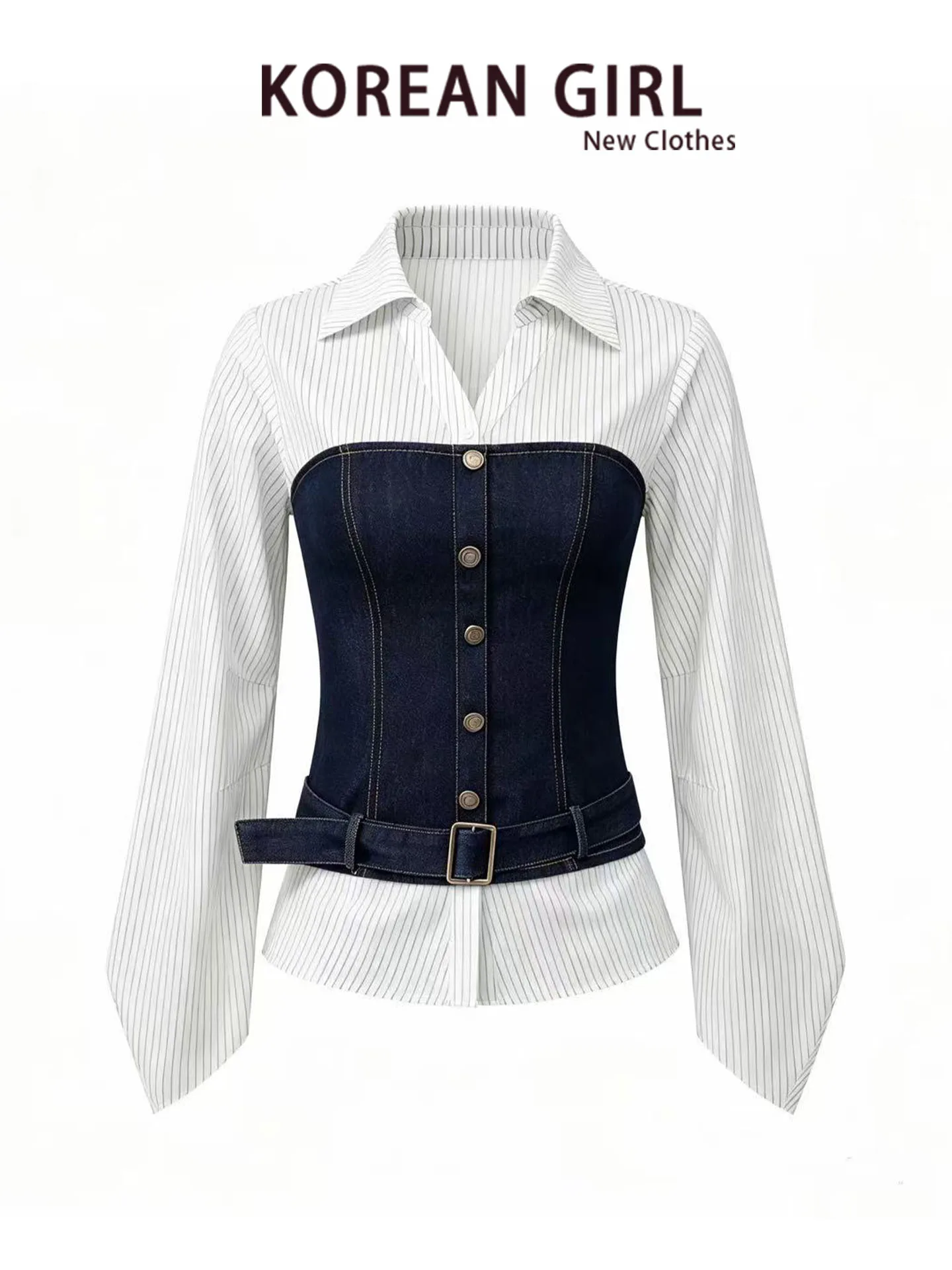 Conjunto de Dos Piezas para Mujer, Estilo Coreano Retro, Top de Mezclilla, Camisa con Cuello, Estilo Universitario Otoñal