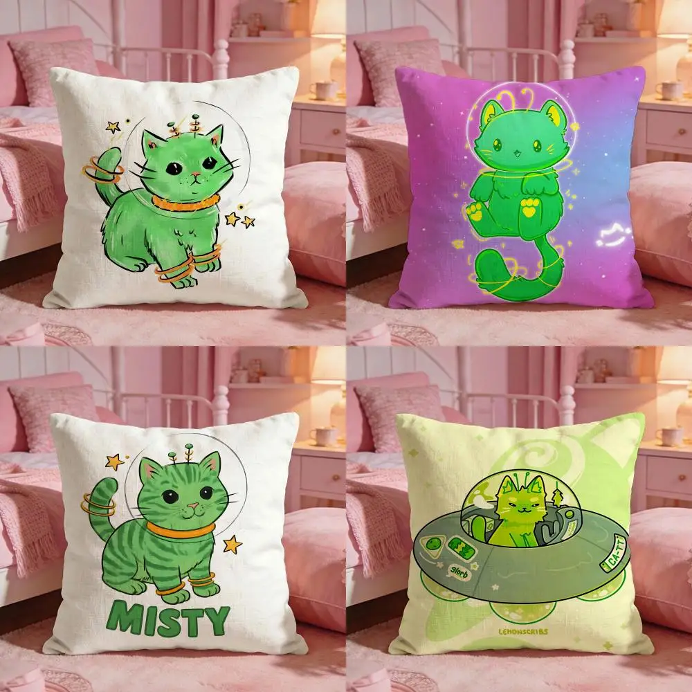 Funda de Cojín con Diseño de Gatito Verde Espacial, Reversible, Premium, de Doble Uso, para Cualquier Habitación e Interior de Auto