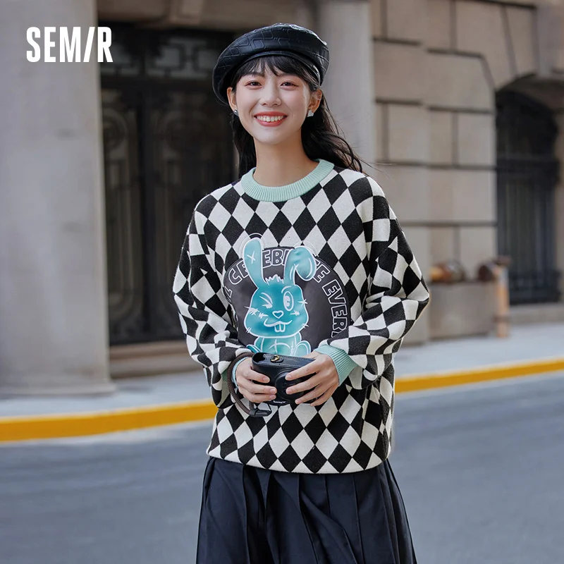 Semir Knit Sweater Women Checkered Rabbit Contrast Color Loose 2024 New Autumn Design Sense Cute Round Neck Sweater