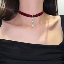 Classic Gothic Tattoo Red/black Velvet Choker Crystal Snowflake Pearl Pendant Necklaces For Women Fashion Jewelry Xmas Gift X295
