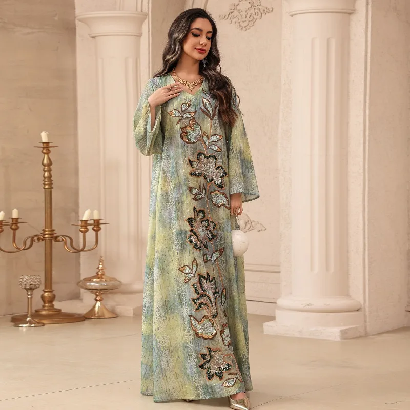 Ramadan Muslim Abayas for Women Dubai Party V Neck Kaftan Robe Sequins Flower Long Dress Morocco Kaftan Islam Vestidos 2026