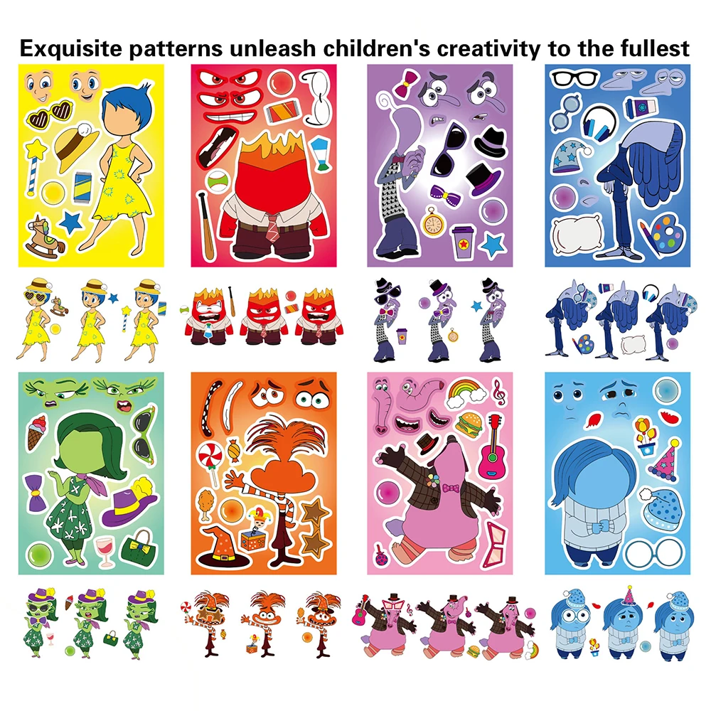 8/16Sheets Kids Disney Cartoon Inside Out Make a Face Puzzle Stickers Decals Funny Assemble Jigsaw Kids Anime Party Toys Gifts