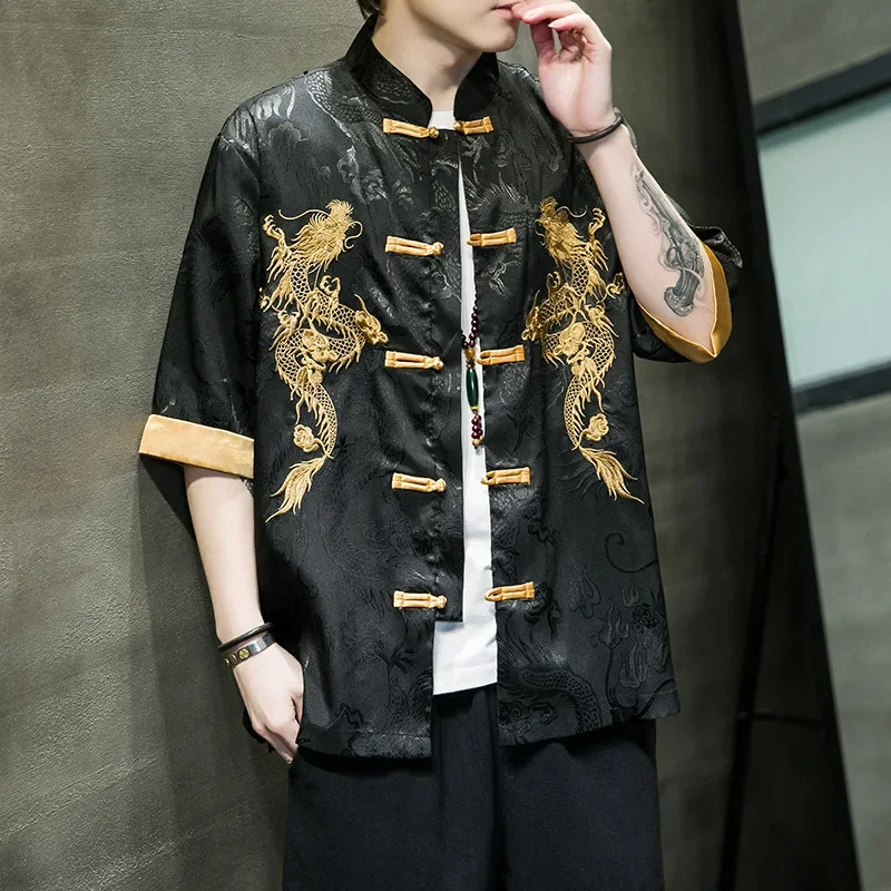 Summer Chinese Traditional Dress Plus Size High Quality Dragon Embroidery Shirt Men Clothing Short Sleeve Vintage Tops