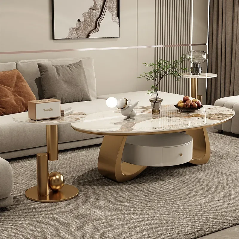 Modern Minimalist Oval Coffee Table with Storage Light Luxury Rock Slab Surface for Living Room Small Apartment Household