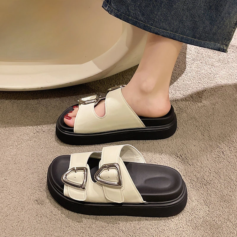 Slides Rubber Black Women\'s Slippers and Ladies Sandals Round Toe Height Summer 2024 with Heel Shoes Unique Luxury Normal Casual