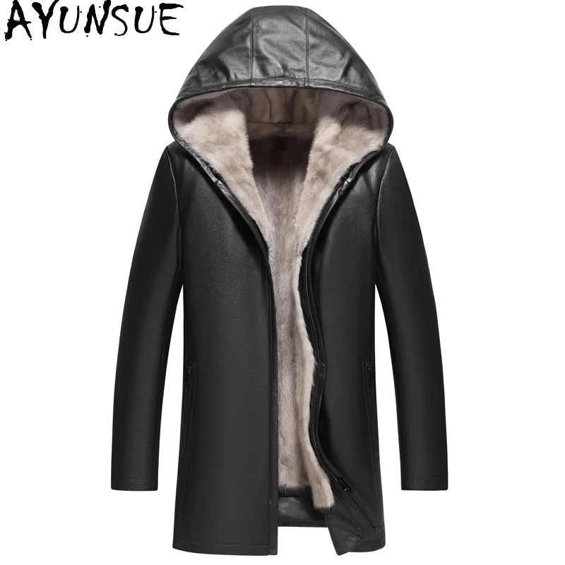 AYUNSUE Genuine Leather Jacket Men Real Fur Coat Mink Fur Liner Leather Jacket Real Cowhide Jackets for Men Chaquetas Hombre