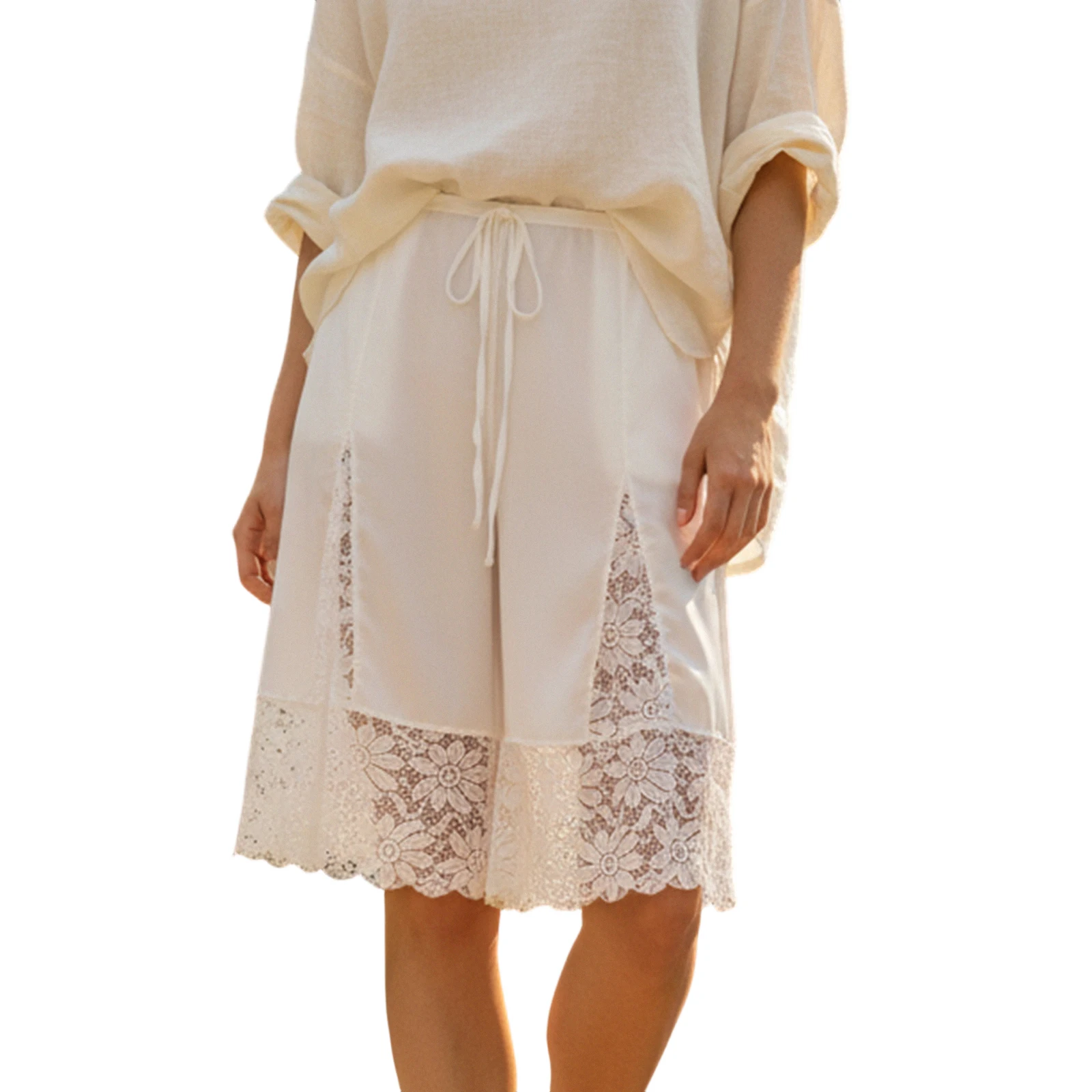 

Maemukilabe женские шелковые шорты с кружевной отделкой Y2k, полукомбинационные пижамы, милые кокетливые брюки с бантом, шаровары, лоскутные брюки-миди для отдыха