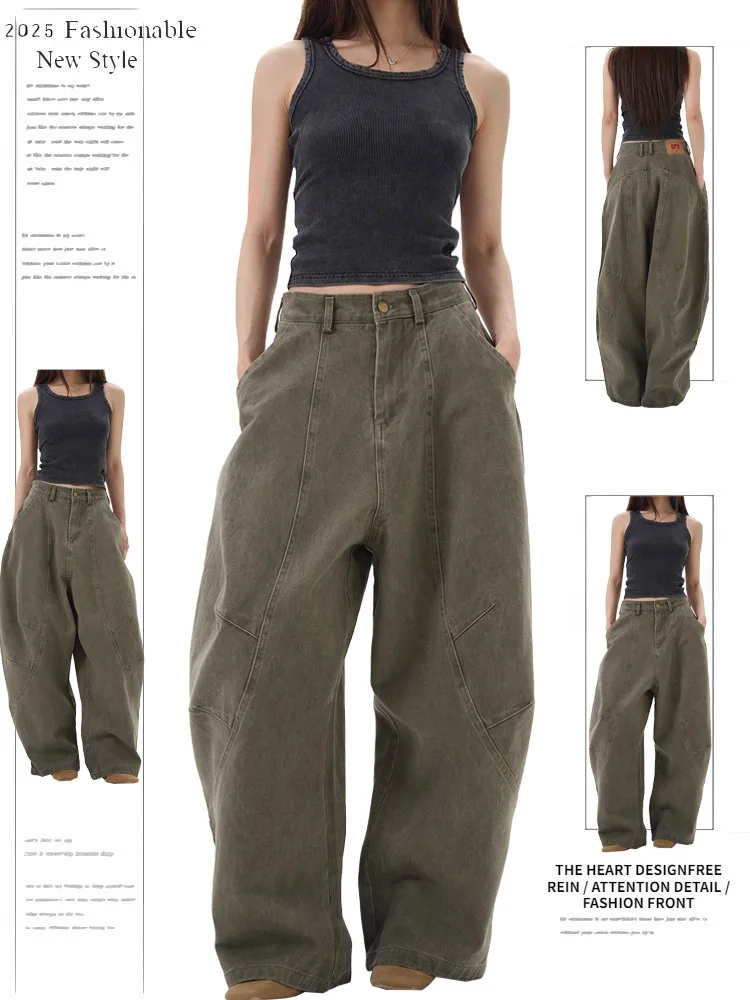 

American Retro een Brown Loose Knife Jeans for Women Spring 2025 Sli Wide Leg Denim Pants High Waist Slim Fit