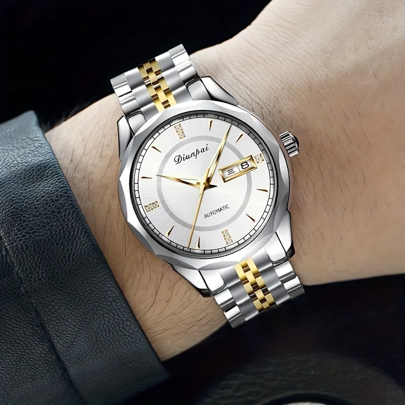 

An elegant men's watch with a gold dual calendar, illuminated display, and sturdy steel strap, perfect for fashionable gentlemen