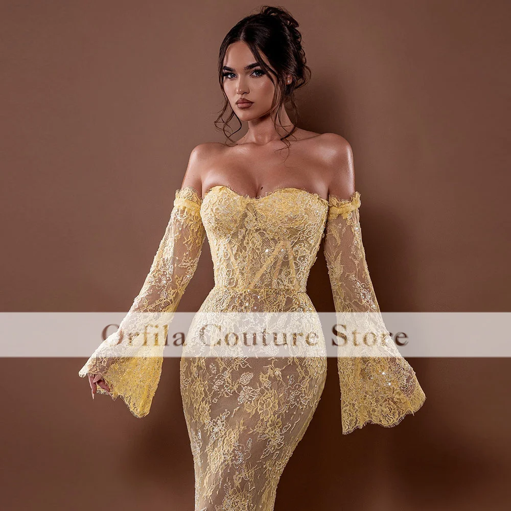 Yellow Lace Mermaid Prom Evening Gown with Long Sleeves Off Shoulder Arabic Style Women's Formal Dress Customized