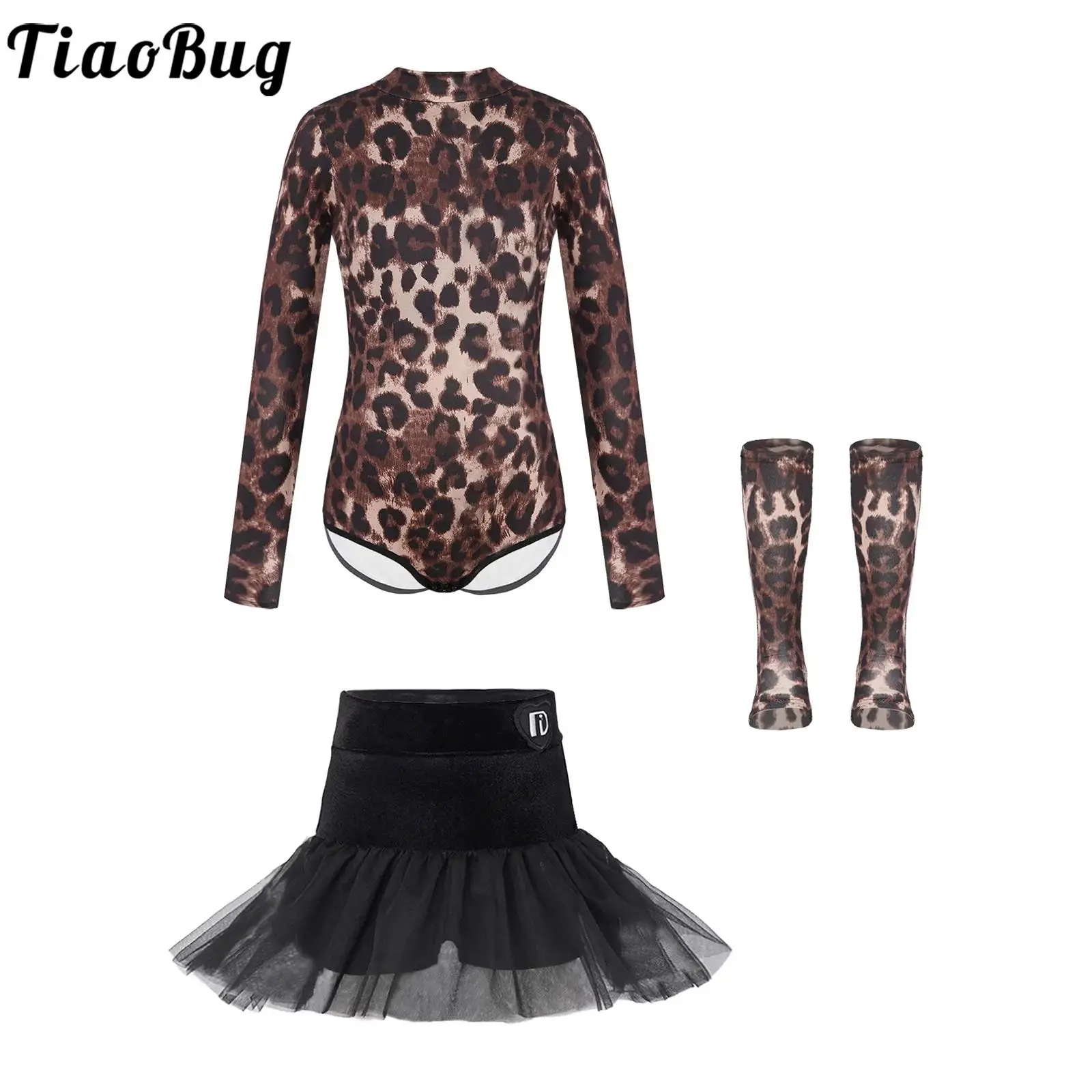 

Детский костюм для танцев танго, латиноамериканских танцев и джаза для девочек: леопардовый принт, леотард с длинными рукавами, юбка из фатина с рюшами, носки.