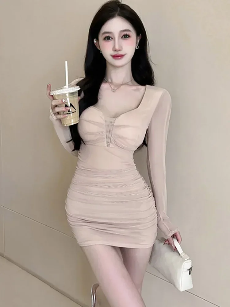 Autumn Mesh Long Sleeve Sexy Sqaure Collar Mini Dress 2025 Korean Vintage Party Evening Dress Women Elegant Bodycon Night Dress