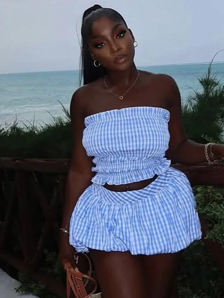 Sexy Summer Outfits Sky Blue Strapless Crop Top and Mini Skirt Cute Vacation Woman Skirt Sets Two Pieces
