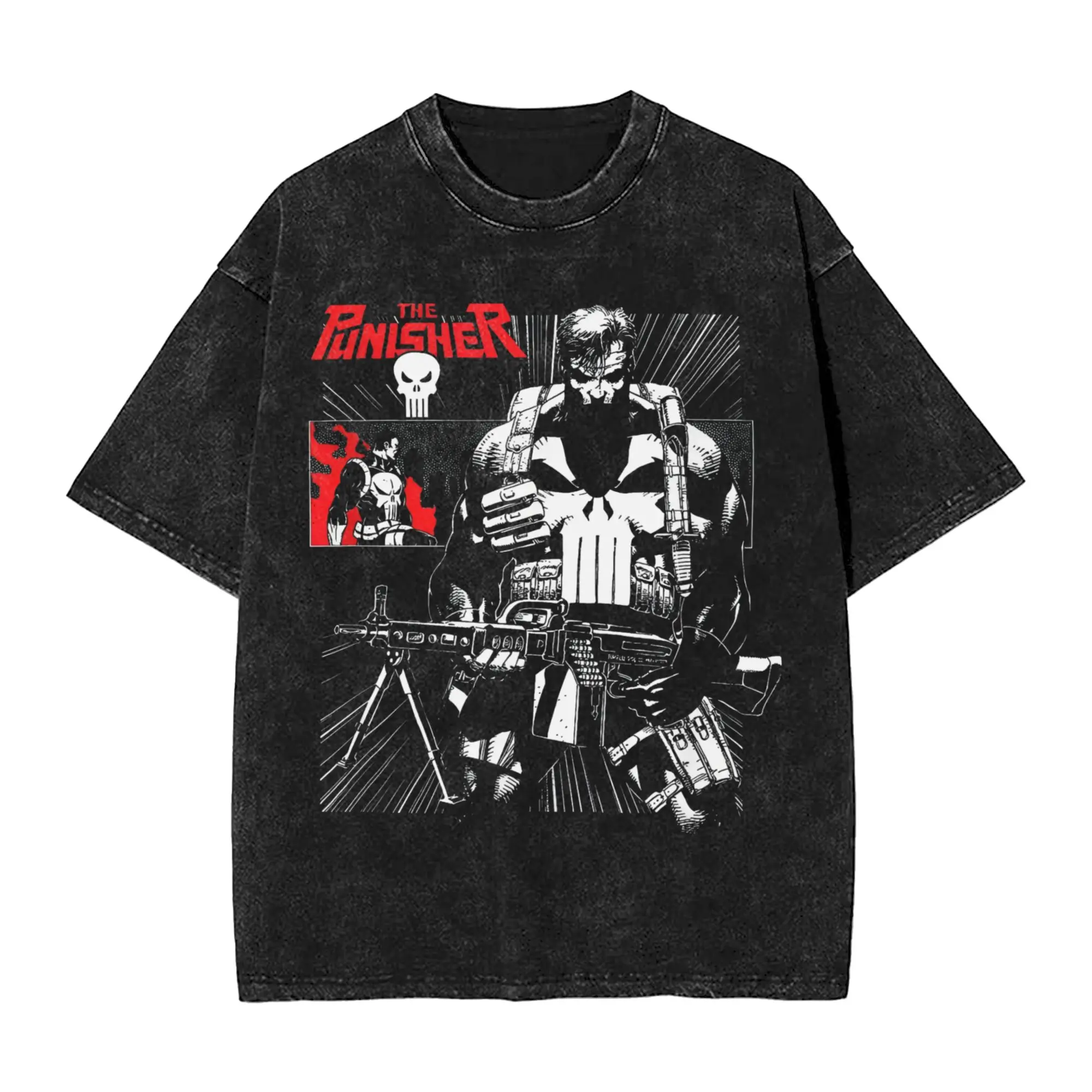 Punisher Armed And Dangerous Comic Panels Washed T-Shirt aus 100 % Baumwolle, einzigartige Kleidung mit kurzen Ärmeln und Rundhalsausschnitt, Geschenkidee-T-Shirts