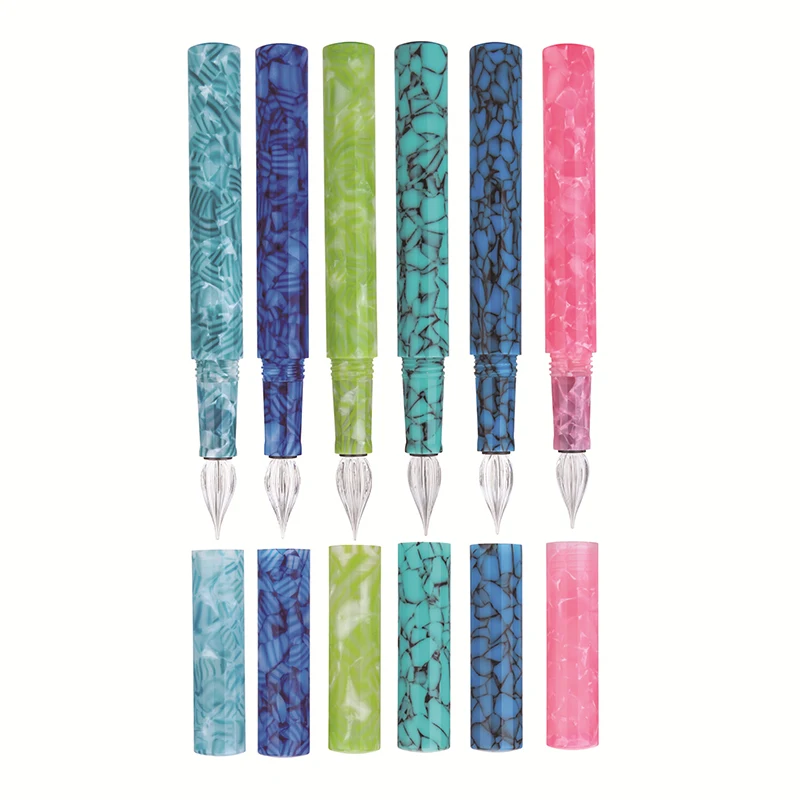 Wanwu Creative Colorful Celluloid Glass Dip Pen & Fountain Pen Dual-Use EF/F/Small Bent Nib Ink Pen and Box Writing Gift Set